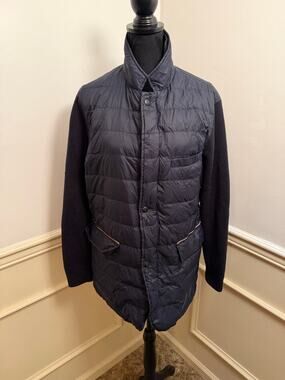 Massimo Dutti Men's Hybrid Puffer Jacket Navy Blue Quilted Down Mixed Media